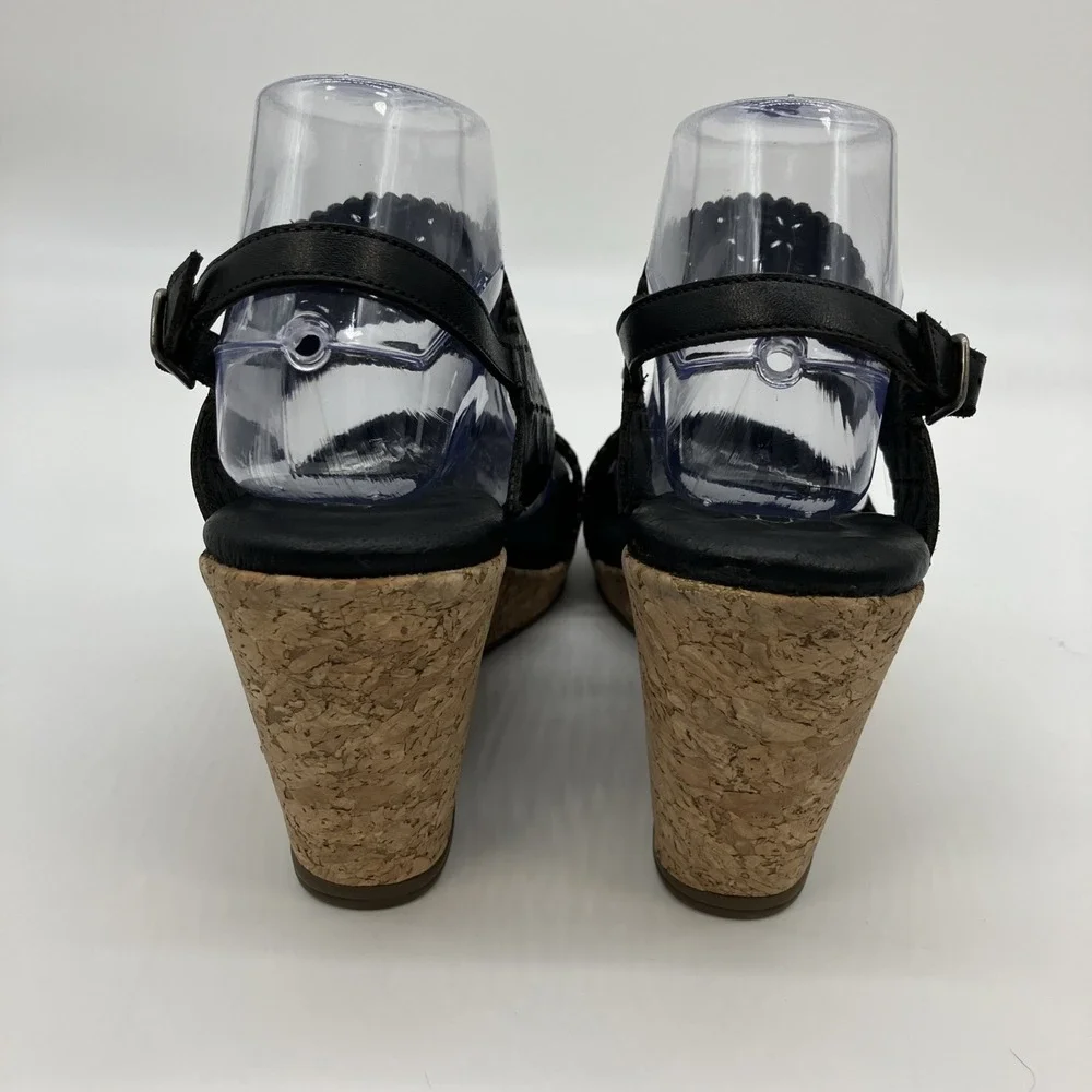 Walking Cradles Sandals 9 W Black Leather Cork Wedge Slingback Shoes Ankle Strap